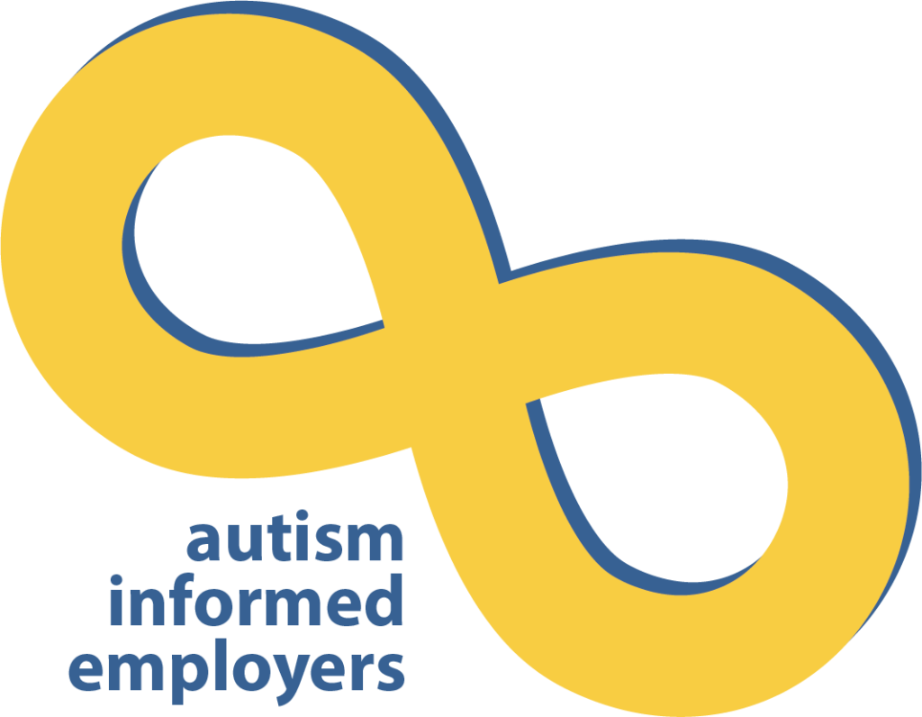 Image description: Autism informed employers logo: A big gold infinity symbol with a dark blue shadow. It's tilted slightly and under it says "autism informed employers" in lowercase letters.