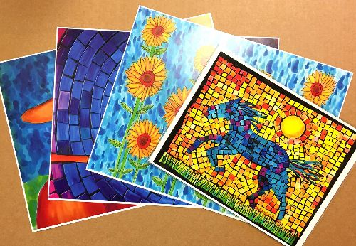 4 colorful mosaic prints spread on a brown background. 
