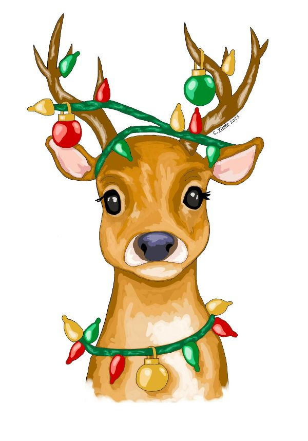 Illustration of a reindeer with red, yellow, and green Christmas lights wrapped around it. 