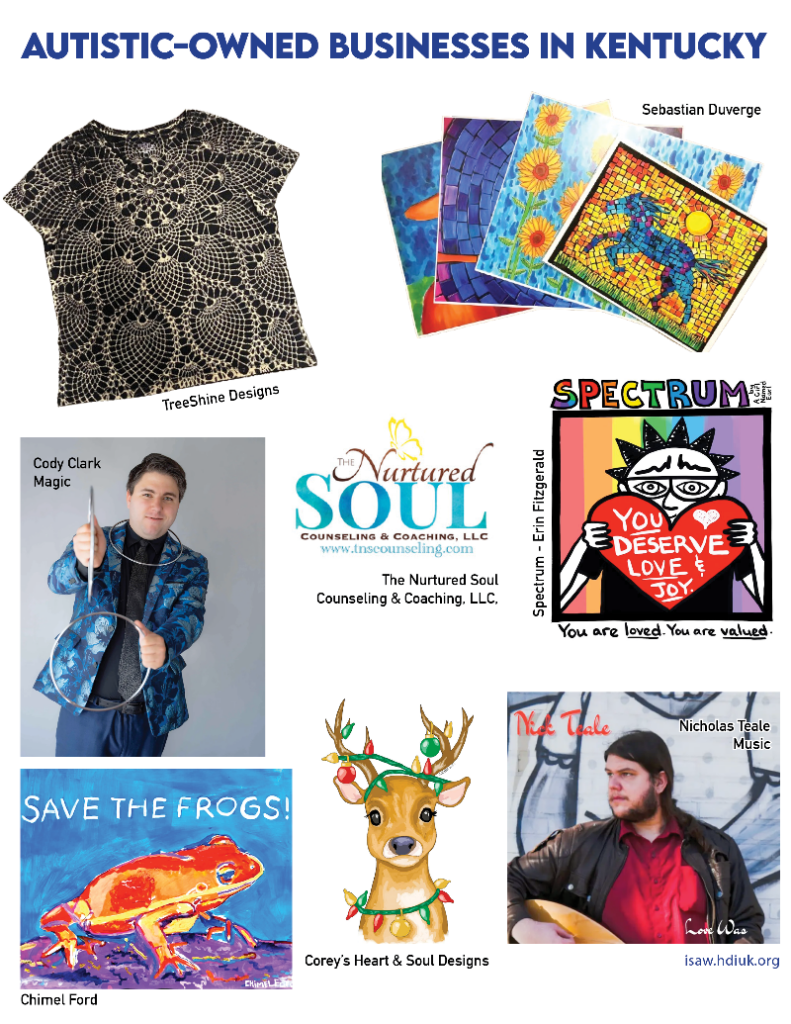 A colorful collage of people and artwork.
Dark blue text at the top says Autistic-owned businesses in Kentucky