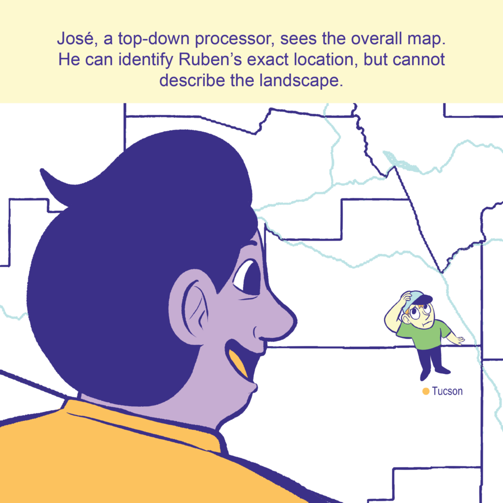 José standing over the map and seeing a simple map of Arizona, while Ruben looks up at him in confusion.

Text: José, a top-down processor, sees the overall map. 
He can identify Ruben’s exact location, but cannot describe the landscape.
